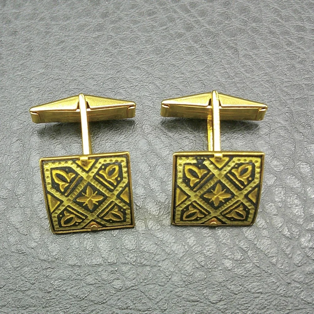 Vintage Gold Tone Damascene Cufflinks Square Geometric Etched Mid Century Style